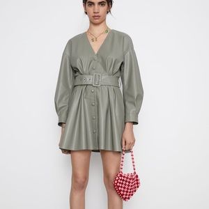Zara Flaux Leather Army Green Dress Pleated Cuffs